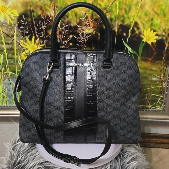 Michael Kors Cindy Dome Satchel Black Gray MK Monogram Crossbody Bag COA - Picture 3 of 13